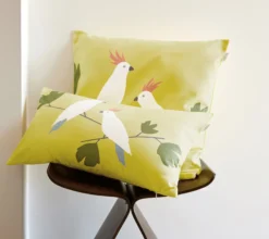 ENSEMBLE ENVELOPPE COUSSIN BIRDS LIME