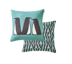 ENSEMBLE ENVELOPPE COUSSIN PINGOUINS CELADON