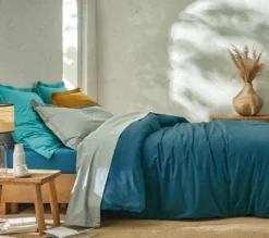 HOUSSE DE COUETTE UNI PERCALE BLEU PAON